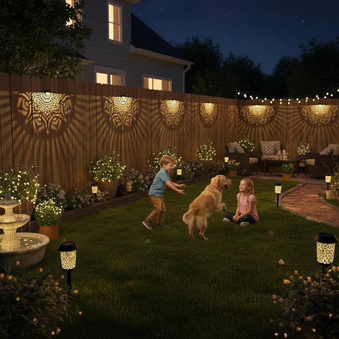 4 Pack Solar Fence Lights Outdoor Wall Lights Plastic Solar Powered Deck Step Stair Lights Mandala Theme Waterproof Fence Solar Light for Garden Post Patio Yard Decor, Gardening Gifts for Women Mom