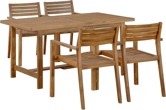5 Pieces Outdoor Acacia Wood Dining Table Set for 4 with 59" Rectangular Table with Umbrella Hole and 4 Chairs, Modern Patio Dinner Set for Backyard, Garden, Poolside or Indoor, Natural