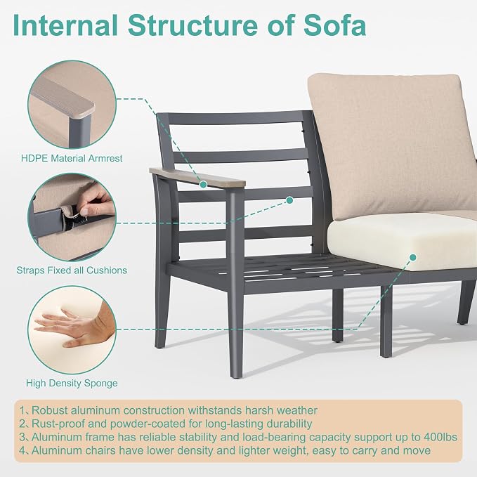Aluminum Outdoor Patio Furniture Set 5-Seat, Patio Conversation Set Sectional Furniture Set with Swivel Rocking Chairs High Backrest & Thickened Cushions for Garden, Backyard, Poolside, Sand