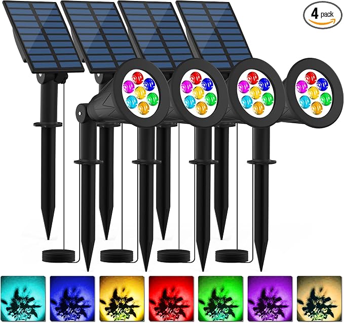 T-SUNUS RGB Solar Landscape Spotlights Christmas, Color Changing Spot Lights Waterproof IP65 Garden Pond Light, 180° Adjustable Wall Tree Light Separately Installed for Outdoor/Indoor Halloween 4 Pack | 4 Pack, Separated For Garden Pond Tree