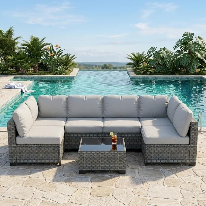 GAOMON 7-Piece Outdoor Patio Furniture Set, All-Weather Wicker Sectional Sofa with Thick Cushions and Glass Top Coffee Table, Modular Conversation Set for Garden, Balcony, Porch, Poolside