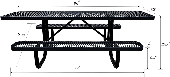 Heavy Duty ADA Outdoor Picnic Table, Expanded Metal, Wheelchair Accessible (Black, 96)