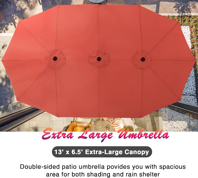 PHI VILLA 8 Pcs Patio Dining Set w/ 13ft Double-Sided Patio Umbrella | Metal Outdoor Table Furniture Set with 6 Outdoor Stackable Chairs, 1 Rectangle Dining Table and 1 Large Umbrella