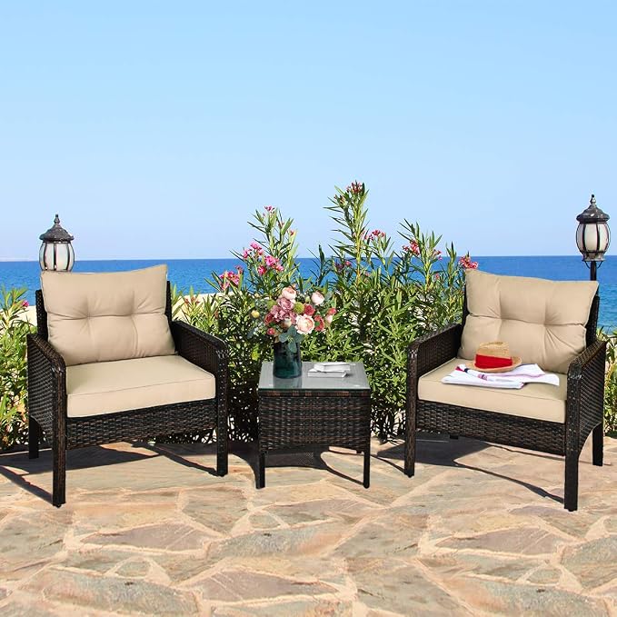 DORTALA Small Patio Furniture Set 3 Piece, Wicker Outdoor Table and Chairs Set with Cushions, All Weather Rattan Conversation Bistro Set for Balcony, Porch, Backyard, Deck, Beige