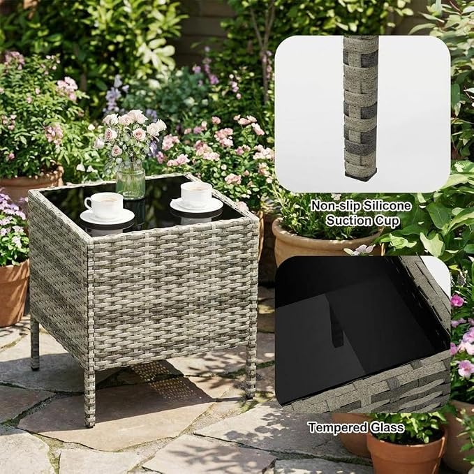 3 Piece Outdoor Patio Furniture Set, All-Weather PE Rattan Wicker Chairs with Waterproof Cushions & Tempered Glass Side Table, Modern Conversation Set for Garden, Backyard, Porch, Poolside, Gray/Blue