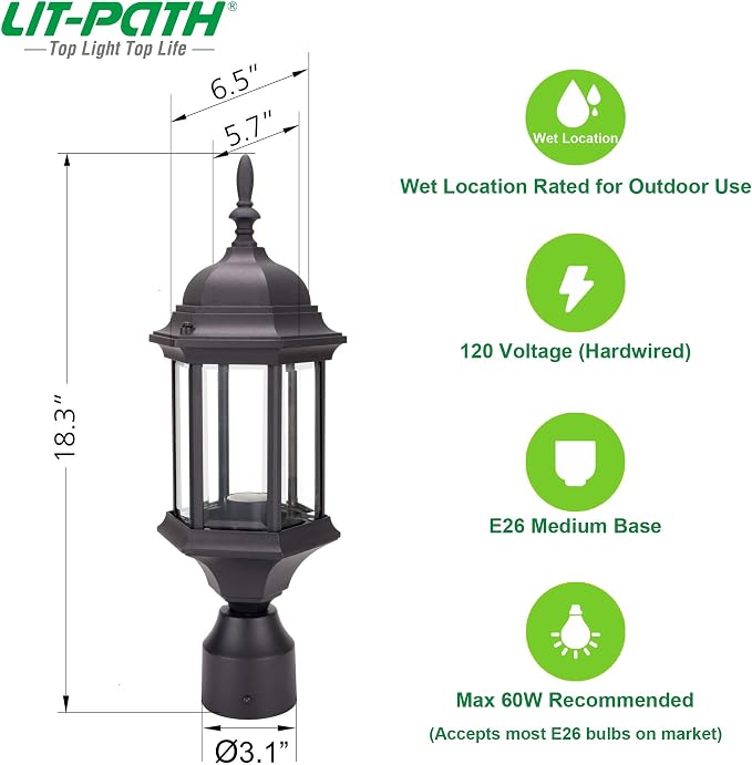 Outdoor Post Light, Rustproof Aluminum Pole Lamp, Black | Exterior Lamp Post Light Fixture for Garden, Yard, Pathway, Waterproof, Glass, E26 Base, Max 60W, 2 Pack