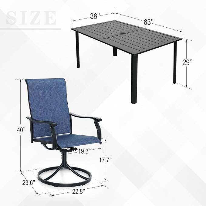 Outdoor Dining Set, 29" Heigh Rectangle Table and 6 Navy Swivel Chairs Sty1 | 63"x38" Metal Table, 29" Heigh Table Top,All Weather; 6 Piece Swivel Chairs: High Back,Retro Armrest,Textilene Fabric,Rocking