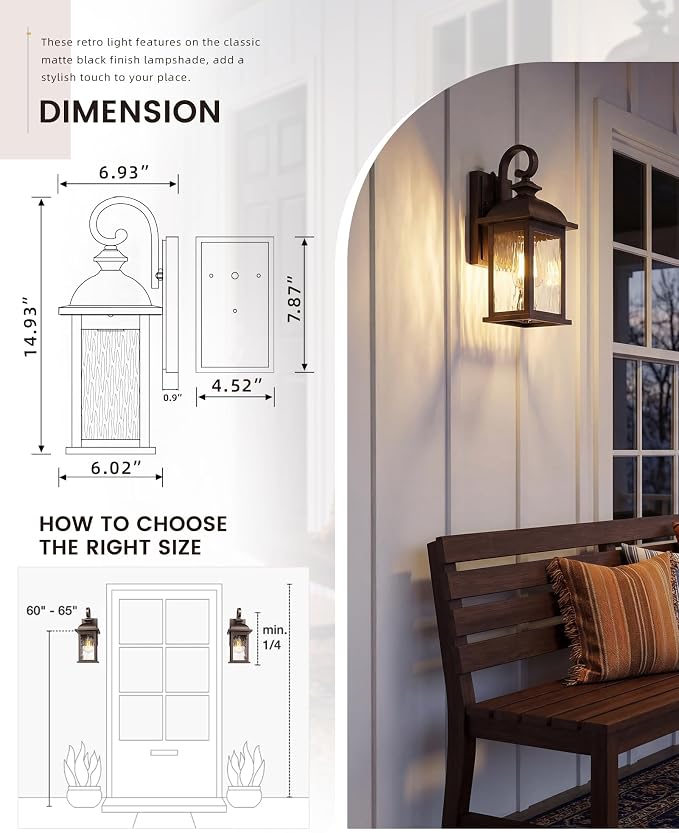 FEMILA Dusk to Dawn Outdoor Wall Sconces, 15" ORB Front Porch Light Fixtures Wall Mount, Exterior Light for Patio, Entryway, Garden, Water Ripple Glass, UL Listed, 4FD54B-PC ORB-WP