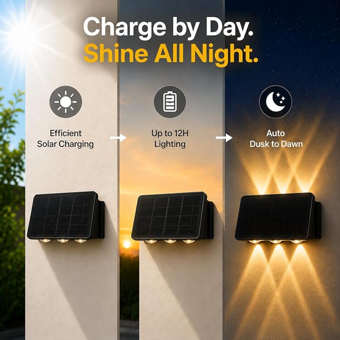 Solar Wall Lights Outdoor, 6 LED Solar Powered Wall Wash Light, Up and Down Lighting, IP65 Waterproof Exterior Fence Lights, Warm White, Auto On/Off for Patio, Fence, Garage, Garden, Yard