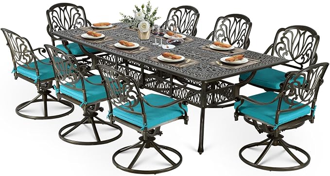 VIVIJASON 9-Piece Outdoor Dining Set, Cast Aluminum Retro Patio Furniture Table and Chairs Set for 8, Include 94.5" Rectangular Table and 8 Swivel Rocker Chairs with Umbrella Hole, Ocean Blue Cushion