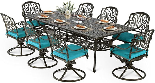 VIVIJASON 9-Piece Outdoor Dining Set, Cast Aluminum Retro Patio Furniture Table and Chairs Set for 8, Include 94.5" Rectangular Table and 8 Swivel Rocker Chairs with Umbrella Hole, Ocean Blue Cushion