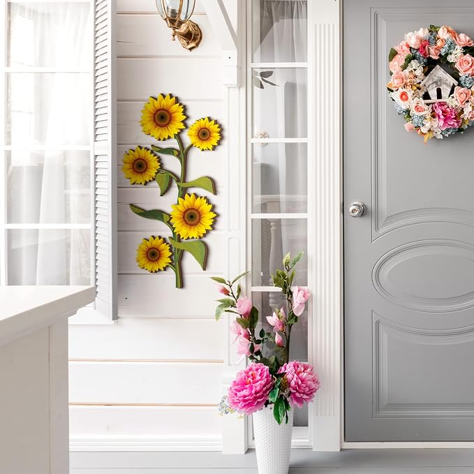 Ferraycle Wooden Sunflower Wall Decor Hanging Sunflower Outdoor Decor Rustic Flower Wall Art Yellow Large Farmhouse Wooden Signs for Indoor Bathroom Porch Patio Bedroom Accessories