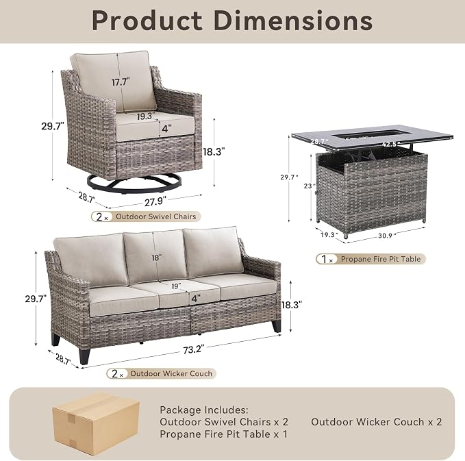 5 Pieces Patio Furniture Set with 42.5" Fire Pit Table-All Weather Wicker Outdoor Furniture with High Back Wicker Patio Chairs Set of 2 Outdoor Couch for Deck Backyard Gray/Beige