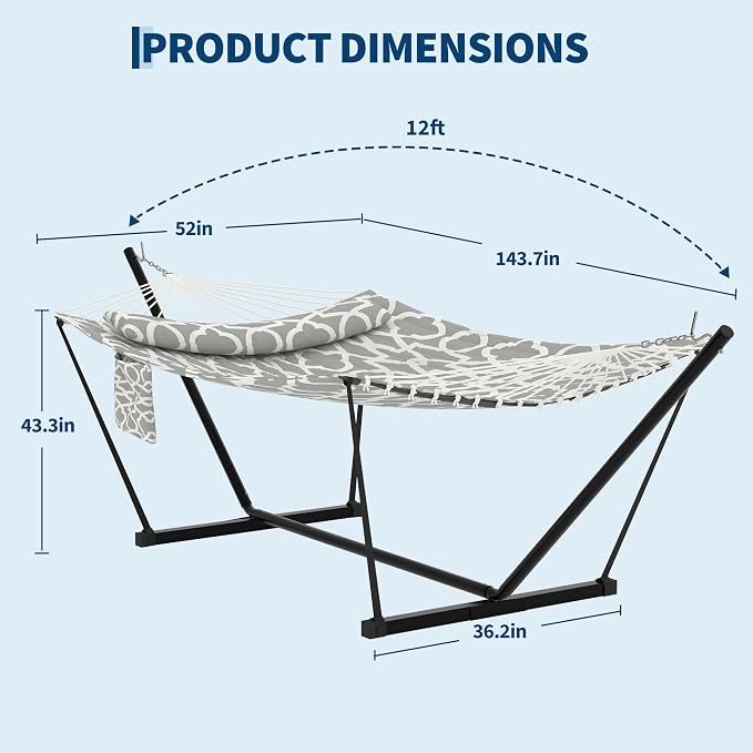 IDEALHOUSE Double Hammock with Stand, 2 Person Outdoor Hammock, 450 Lb Capacity, Pillow Included, 12 ft Stand for Patio, Backyard, Poolside, Light Gray