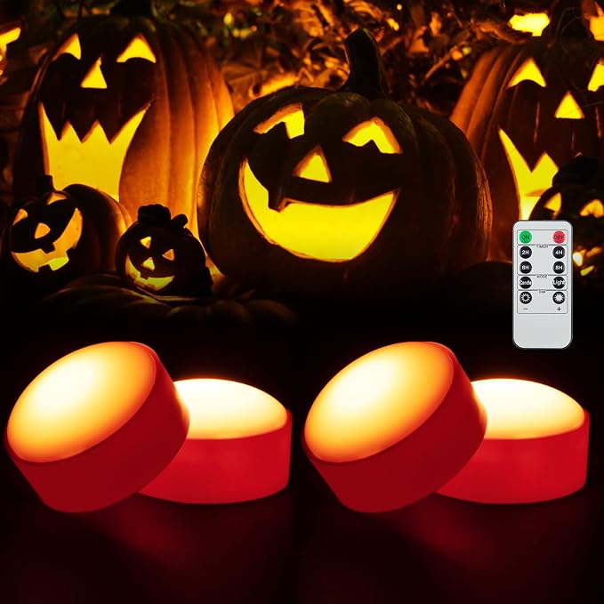 SOLLED 4-Pack Halloween Led Pumpkin Lights, Flickering Flameless Candles with Remote Control and Timer, Jack O Lantern Lights Battery Operated for Halloween