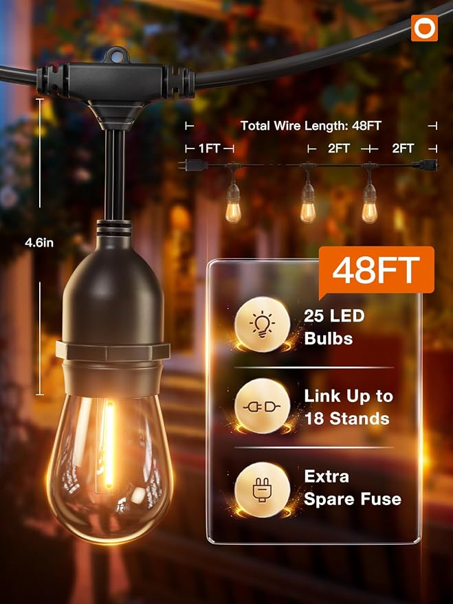 addlon LED Outdoor String Lights 48FT with 25 Edison Vintage Bulbs ETL | Commercial Grade Strand with Shatterproof Bulbs, Decorative Hanging Lights for Patio Backyard Garden Cafe Bistro Deck