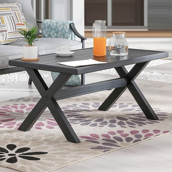 Patio Conversation Set Metal Outdoor Furniture Sets 3-Seater Sofa with Metal Coffee Table Thick Cushions (Grey)