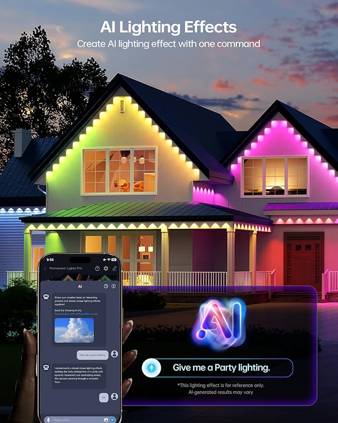 ASAHOM Permanent Outdoor Lights, 72 RGBCW LEDs, AI Lighting, 30,000 Effects | Dual Output, Extend to 800FT, IP67 Waterproof, Voice Control, for Halloween Christmas and Daily Lighting, 100FT, White, S107B