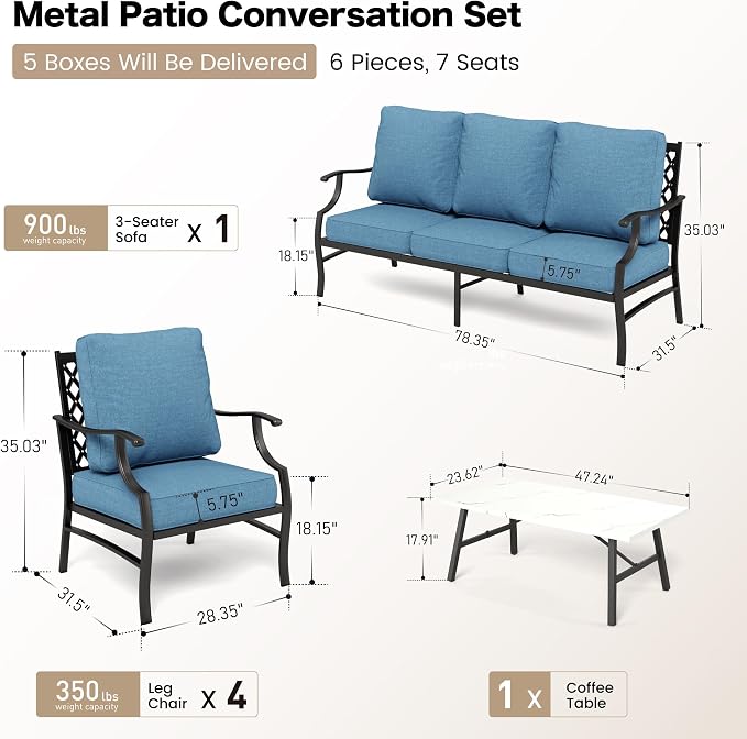 SUNSHINE VALLEY 6 Piece Metal Outdoor Patio Furniture Set, Patio Conversation Sets 1 3-Seater Sofa, 4 Fixed Chairs with 5.75" Thick Cushion and Coffee Table, Backyard Furniture Set for Deck, Navy