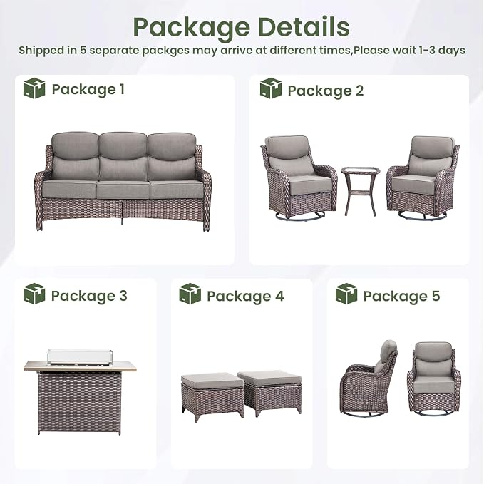 Luxury Patio Furniture Set with 6-inch Thick Cushion, Outdoor Furniture with Fire Pit Table, Swivel Chairs, Sofa, Side Table, Ottomans, 9pcs Wicker Conversation Set(Brown Wicker/Grey Cushion)