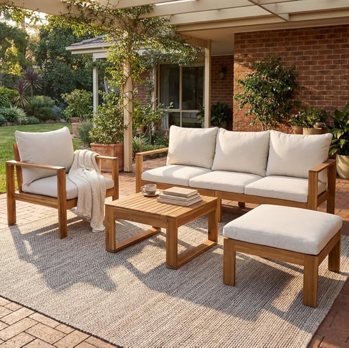 KLMM Outdoor 4pcs Acacia Sectional Patio Sofa Set with Cushions,for Patio Balcony Garden (Beige+Grey,Teak-PS)