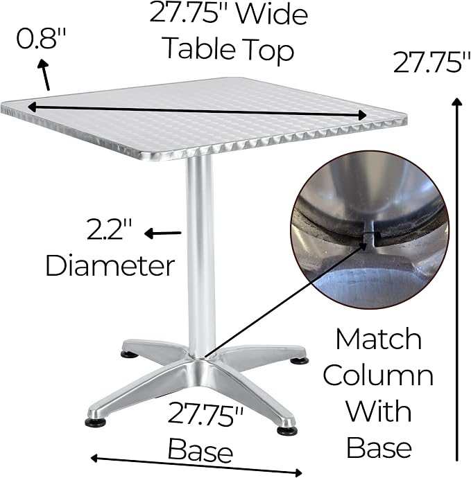 BTEXPERT Set of 2, Indoor Outdoor 27.5" Square Restaurant Table for Patio Stainless Steel Silver Aluminum Furniture with Base