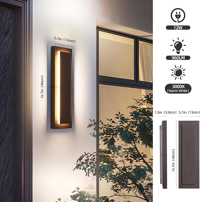 Brown Outdoor Wall Sconce Exterior Lights Fixture 15.7 in,12 W | Modern Porch Lights,Waterproof Outdoor Wall Lighting,Included 3000K Warm White LED Light Bead,360° Angle,2 Packs