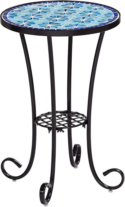 Teal Island Designs Blue Star Modern Black Metal Round Outdoor Accent Side Table 14" Wide with Lower Shelf Mosaic Tabletop Gracefully Curved Legs for Porch Patio Home House Balcony Spaces Deck