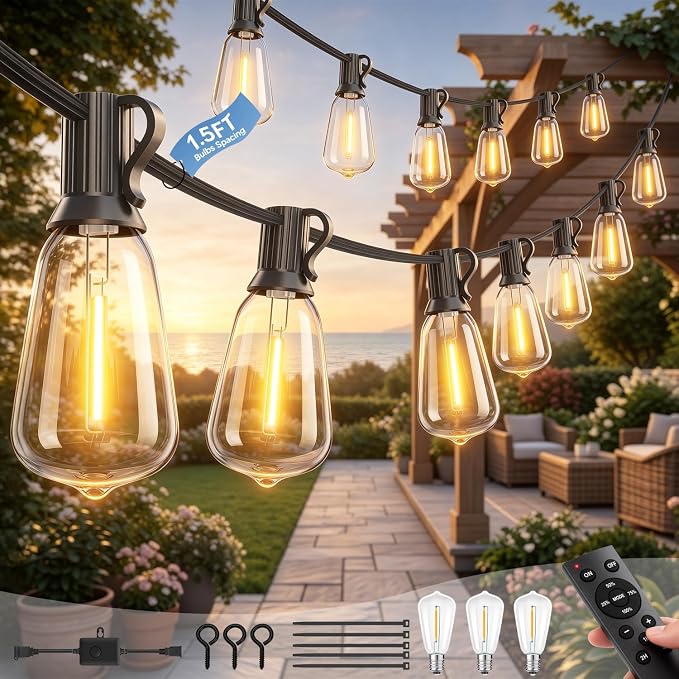 Outdoor String Lights 27FT, 15+2 Shatterproof Bulbs ST38, 1.5FT Spacing, IP65 Waterproof | Dimmable with Remote, Heavy-Duty, Include Screw & Zip Ties for Patio Backyard Holiday Outside
