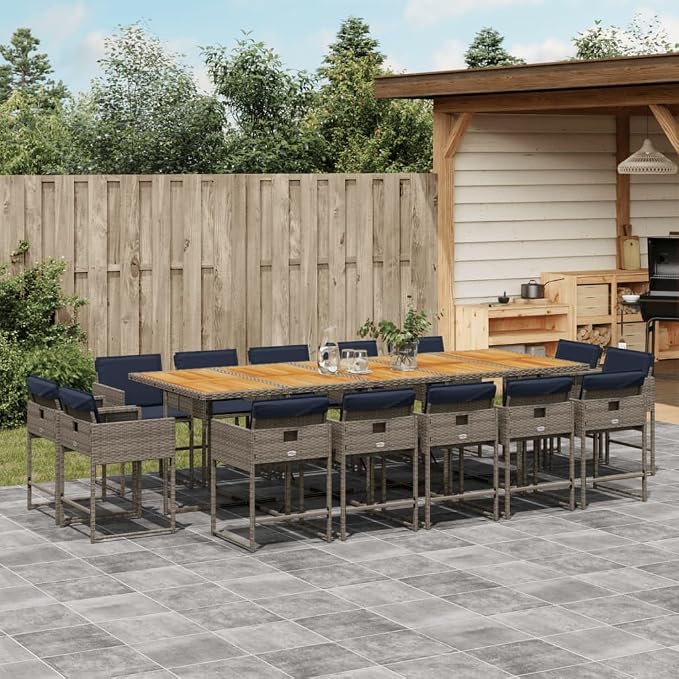 15 Piece Patio Dining Set with Cushions, Foldable Poly Rattan Garden Furniture Table and Chairs, Space Saving Outdoor Seating for Backyard, Deck, and Balcony
