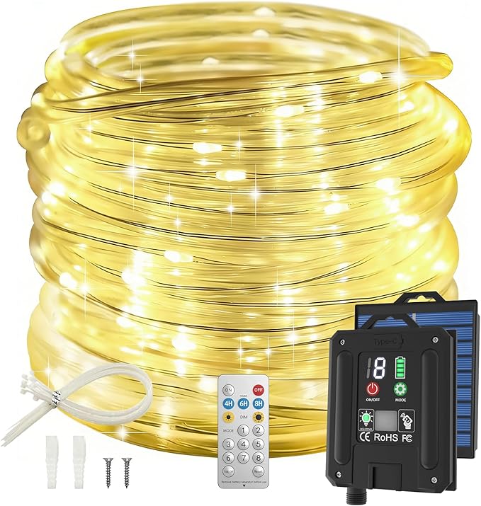 Solar Rope Lights, 66FT 200LED Outdoor Christmas Fairy Light (Warm White) | Type C & Solar, With Remote, Waterproof, Timing, 8 Modes, for for Garden Patio Porch Pool, Warm Christmas Decoration