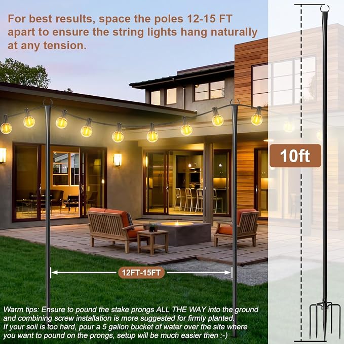 4 Pack String Light Poles for Outside, Upgraded Heavy-Duty Metal Light Poles for Outdoor String Lights with Fork, Adjustable Lighting Accessories for Patio Decor Backyard Pergola Garden Decorations