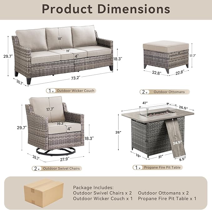 Patio Furniture Set with 42.5" Fire Pit Table-6 Pieces All Weather Wicker Outdoor Furniture with High Back Swivel Patio Chairs Set of 2 Outdoor Couch for Deck Backyard Beige/Gray