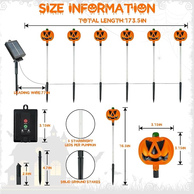 12 Pack Solar Pumpkin Lights Outdoor Waterproof for Halloween Decorations | 8 Modes Halloween Pathway Solar Lights, Orange Purple and Green, for Yard Garden Patio Holiday Party Decor
