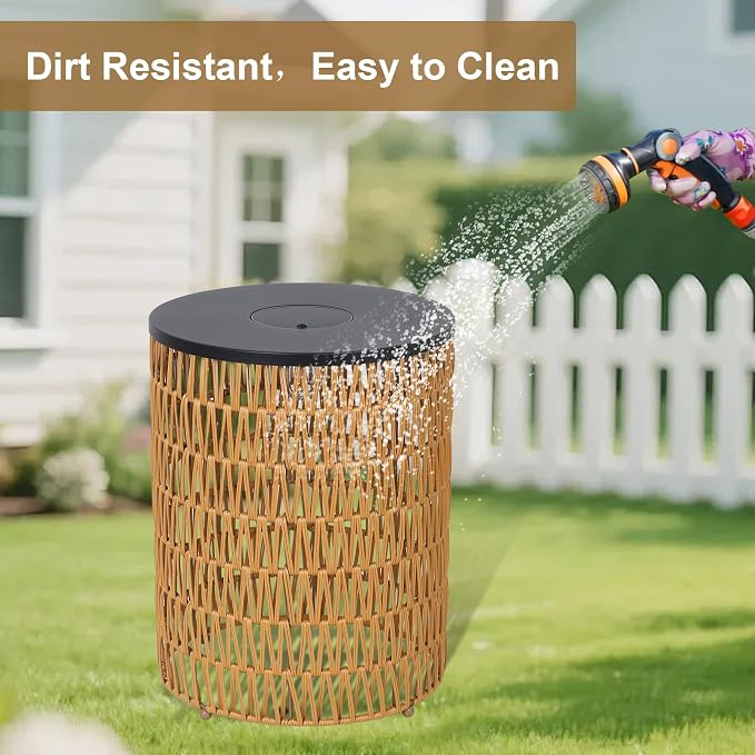HMVPL Solar Outdoor Side Table for Patio, Round Patio Side Table for Outside, Outdoor End Table Set of 2 with Dimmable Light, Plastic Rattan Accent Table for Poolside Backyard Gazebo, Dusk to Dawn