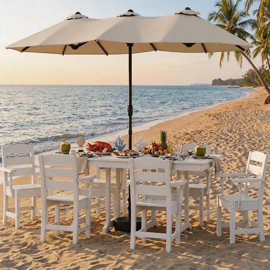 YITAHOME 71 Inch HIPS Outdoor Table, All Weather Patio Dining Table with Umbrella Hole, Faux Wood Rectangular Resin Table for 6, Sturdy Plastic Furniture for Lawn Garden, 165 LBS Capacity, White