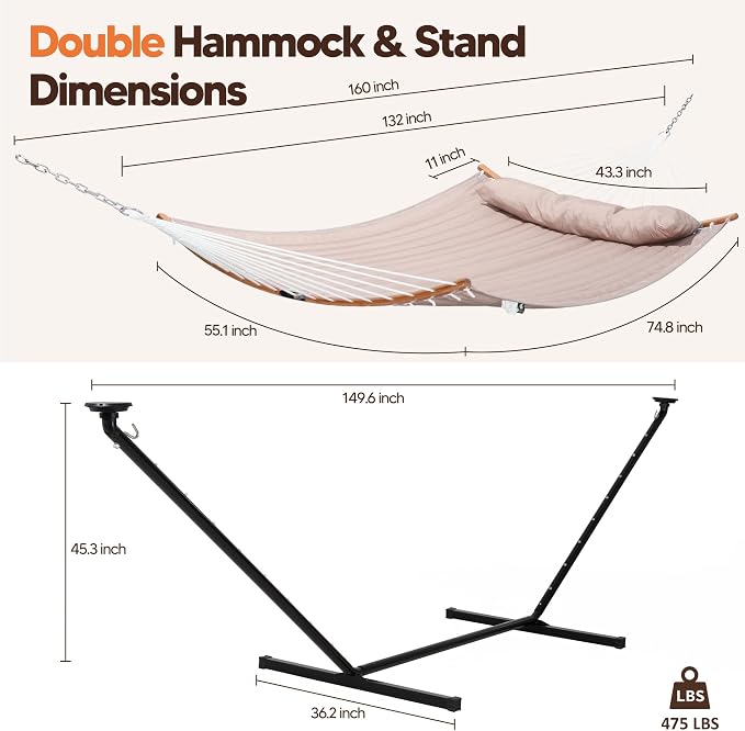 SUNCREAT Hammocks Outdoor 2 Person Hammock with Solar Powered Lights, Double Hammock with 12 ft Stand Included, Tan