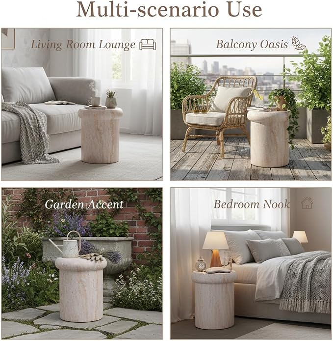 Merax 18.11" H Sculptural MGO Side Table, Modern Round End Table with Faux Marble&Travertine Finish, Indoor/Outdoor Versatile Pedestal Stool, Beige Marble