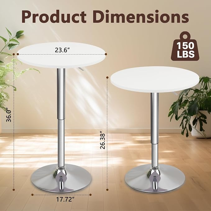 CLATINA Round Bar Pub Tables Set of 6, 26"-36" Height Adjustable Bistro Table with Metal Base, 360° Swivel High Top Cocktail Table for Home Kitchen Party Drink Restaurant Wedding Cafe Reception, White