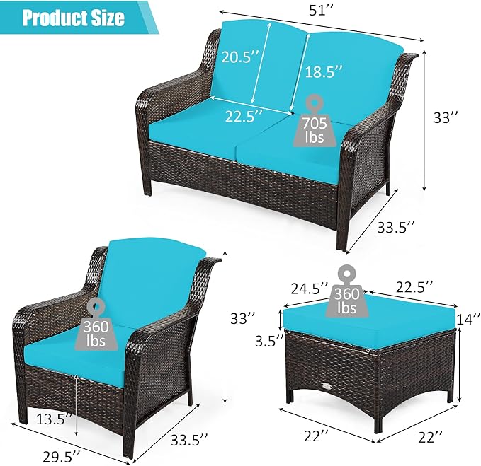 COSTWAY 5PCS Patio Wicker Rattan Furniture Set, Loveseat Sofa with Ottomans and Cushioned Chairs, Conversation Sets for Outdoor Garden Backyard