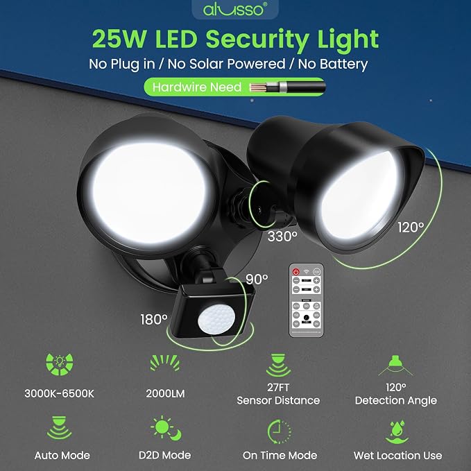 ALUSSO LED Security Lights Motion Sensor, 25W 2000LM Flood Lights Outdoor Motion Sensor with Remote 120V, Dimmable Brightness 3000K-6500K CCT IP65 Security Light ETL Listed for House Garage, 2 Pack