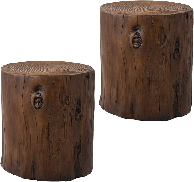 SUNBURY 15" W Stump Side Table Set of 2, Concrete Side Table Garden Stool, Walnut Tree Stump, Plant Stand Holder for Garden Household Living Room