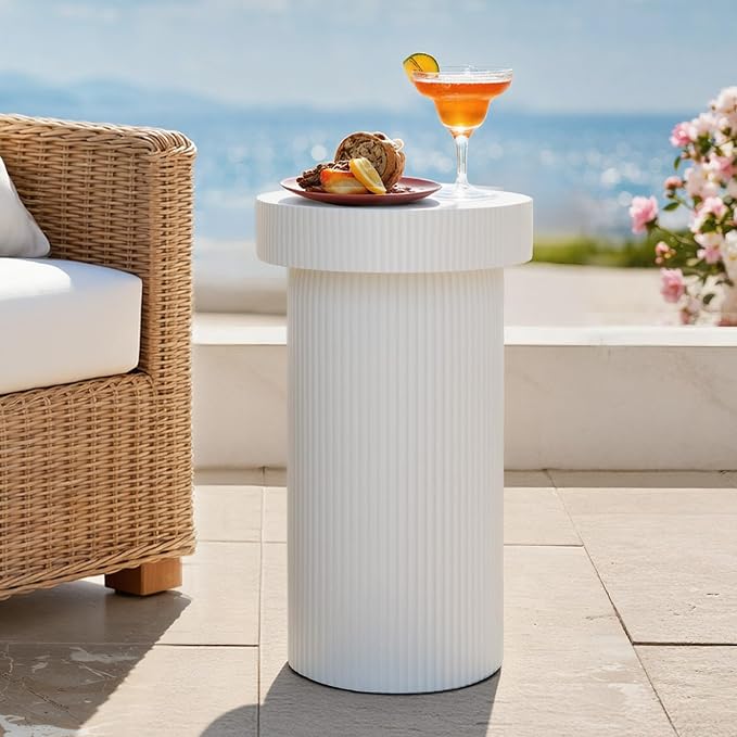 24" Pedestal Side Table, 3-in-1 Durable Lightweight Round Coffee Table, Decorative Patio Accent End Table Fluted Garden Stool Art Decor for Poolside, Balcony, Living Room, White