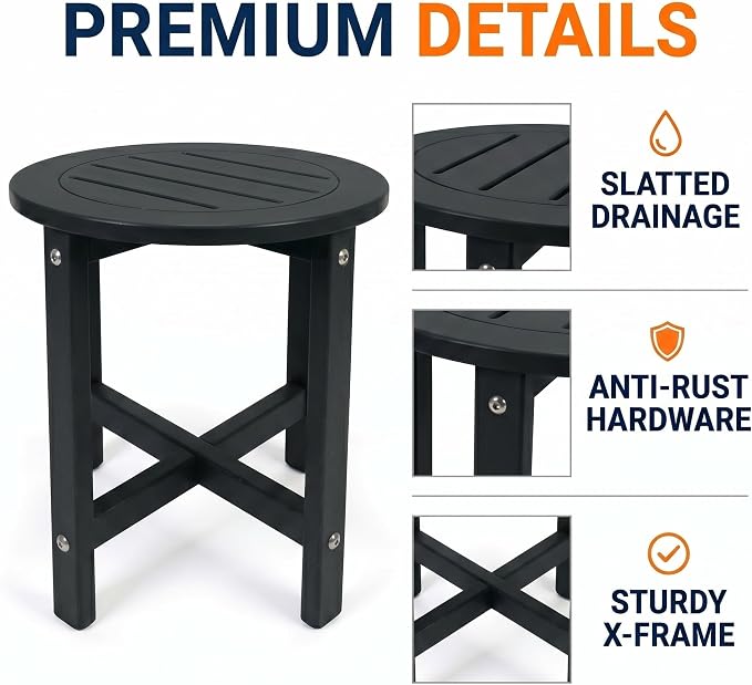GDFStudio HDPE Outdoor Side Table, Small Patio End Table, All-Weather Round Accent Table for Porch Balcony Deck Poolside, Black