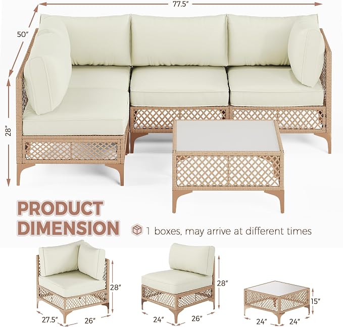 Outdoor Patio Furniture Set, Wicker Outdoor Sectional Set, Boho Patio Conversation Sectional Sofa with Large Tempered Glass Coffee Table and Waterproof Cushion (Large Size 5-Piece Patio Furniture)