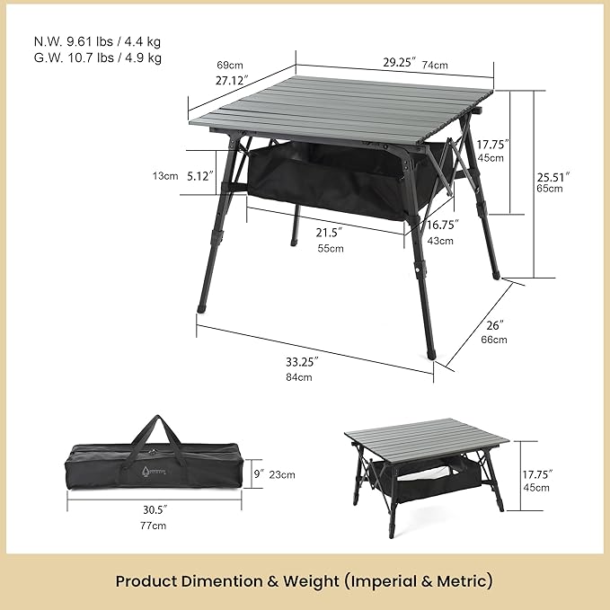 ARROWHEAD OUTDOOR 2-Pack 39" Aluminum Folding Camp Roll Up Table w/Adjustable Height, Undertable Mesh Storage, Carry Bag