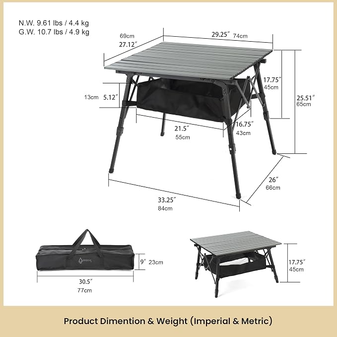 ARROWHEAD OUTDOOR 39" Aluminum Folding Camp Roll Up Table w/Adjustable Height, Undertable Mesh Storage, Carry Bag
