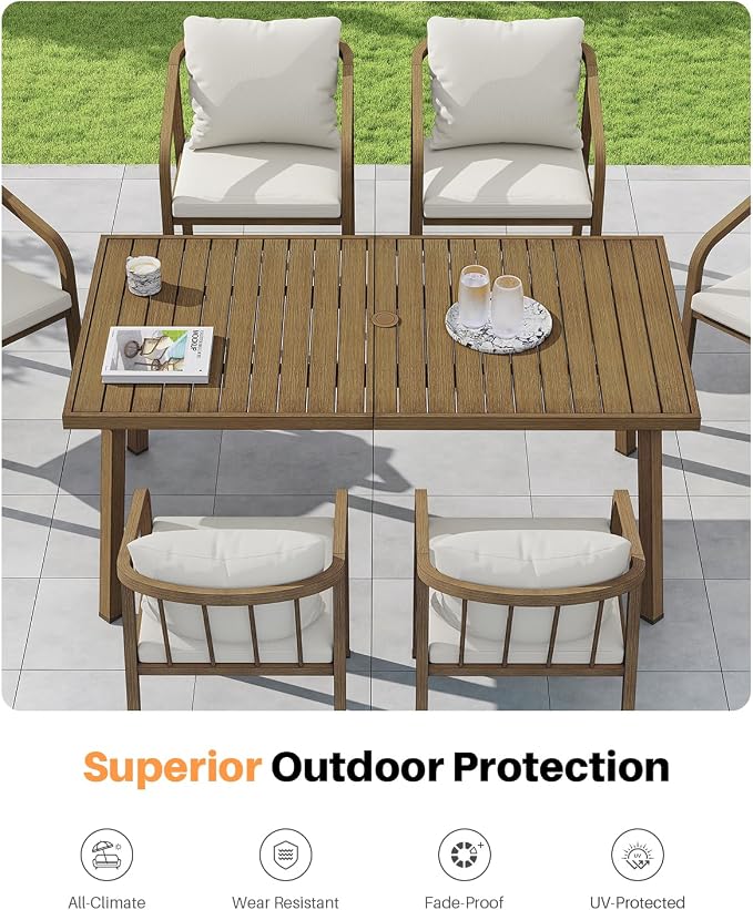 Never-Rust Aluminum Patio Dining Table, 63" x 35" Rectangular Outdoor Dining Table for 6, Outdoor Patio Table with Umbrella Hole for Backyard, Garden, Balcony, Deck, Teak