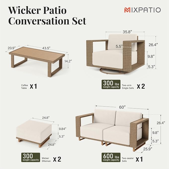 MIXPATIO Patio Furniture Set with Swivel Chairs, 6 Piece Outdoor Yellow Rattan Wicker Conversation Sets, Deep Seating Sofa with 10" Thick Cushions, Low Profile Deck Backyard Lawn Furniture