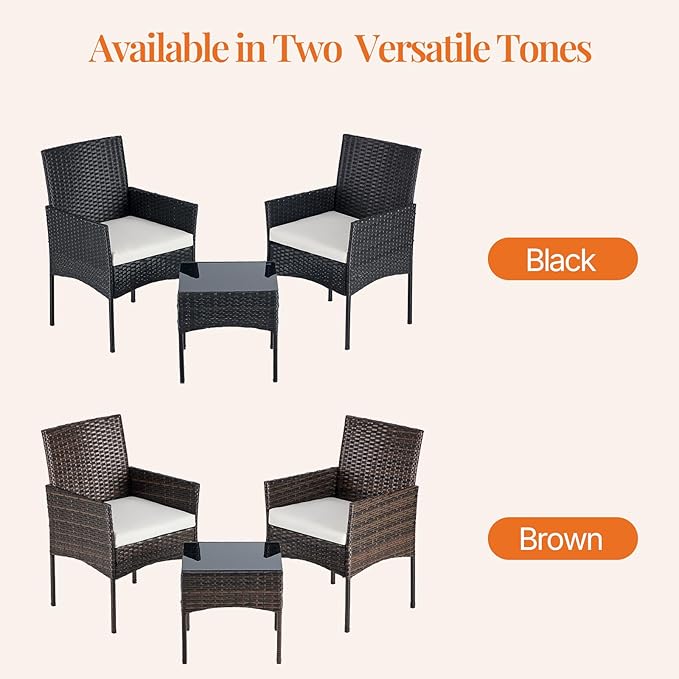 Sweetcrispy 3 Piece Patio Furniture Set, All-Weather Outdoor Conversation Set with Removable Cushions & Tempered Glass Table, Small Bistro Set for Balcony, Porch, Backyard, Deck, Brown